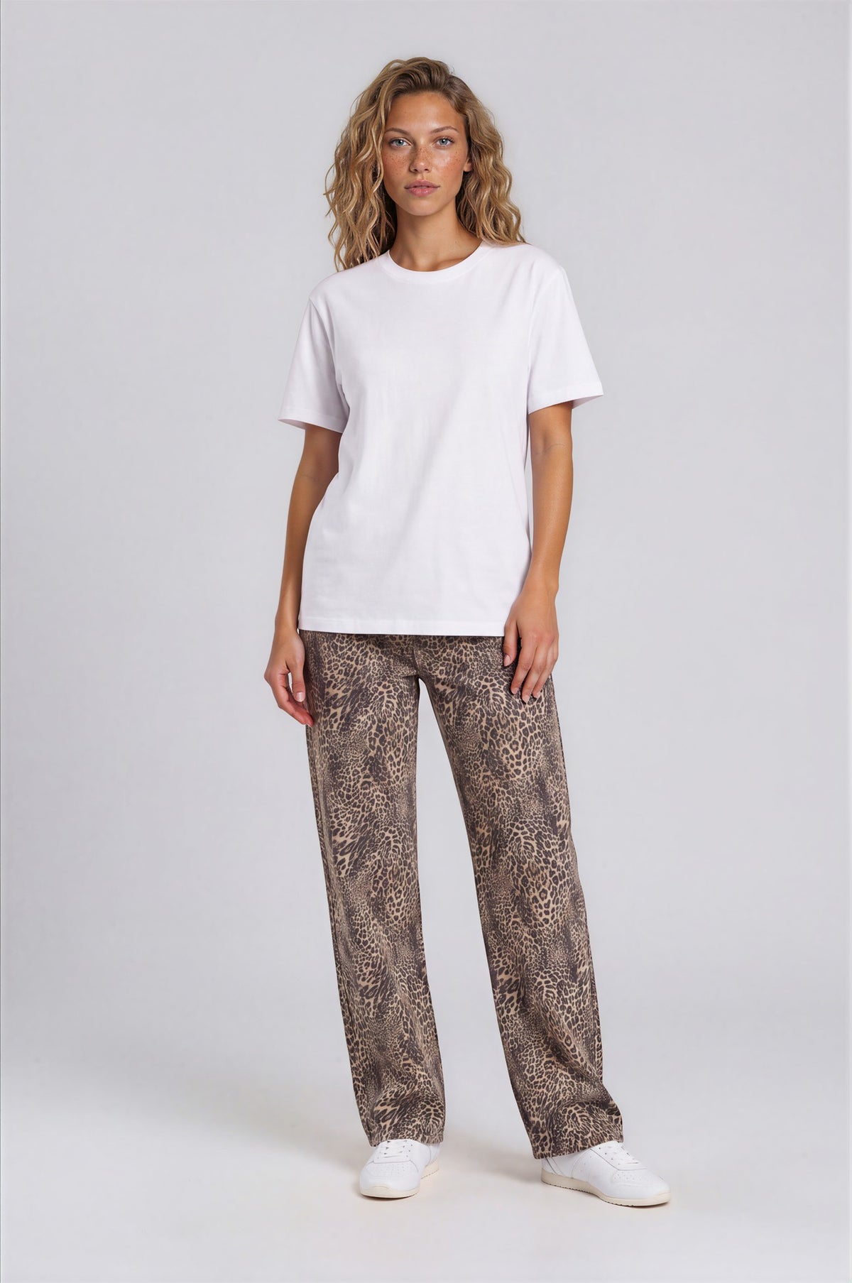 Unisex Vintage Wash Leopard Wide Leg Jeans - Leopard Brown - front - w