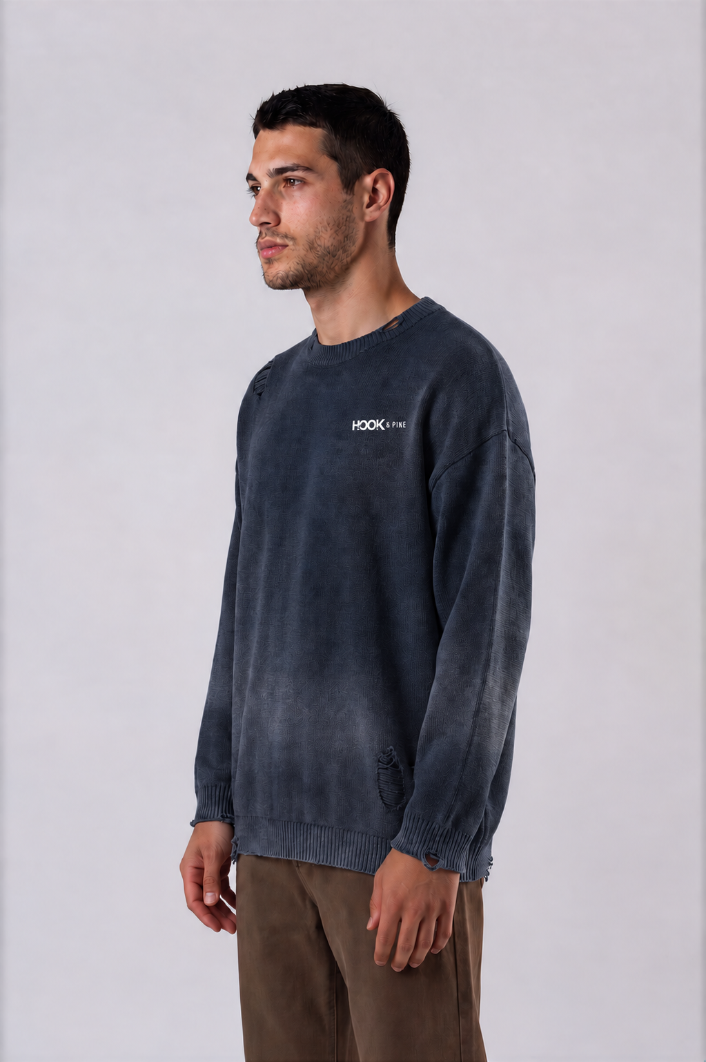 Distressed Oversized Logo Sweater - Navy Blue - front