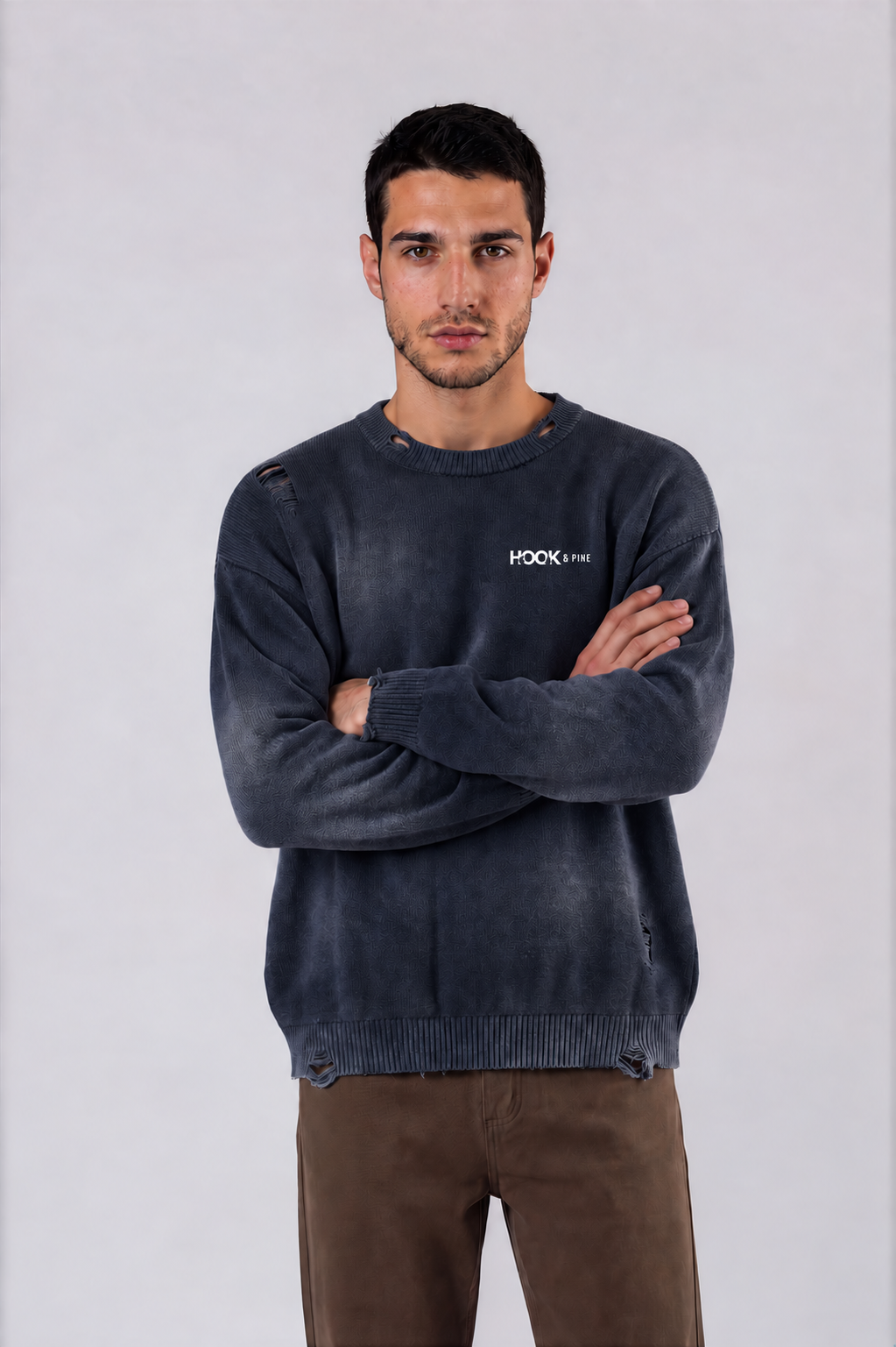 Distressed Oversized Logo Sweater - Navy Blue - front