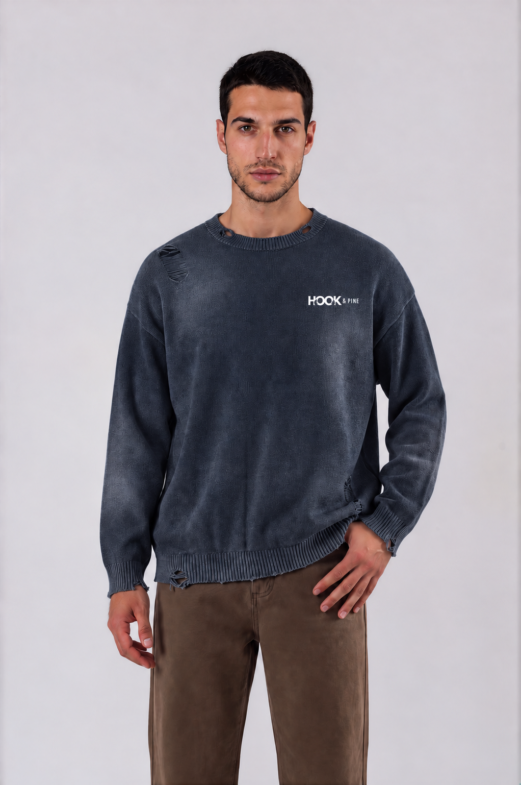 Distressed Oversized Logo Sweater - Navy Blue - front