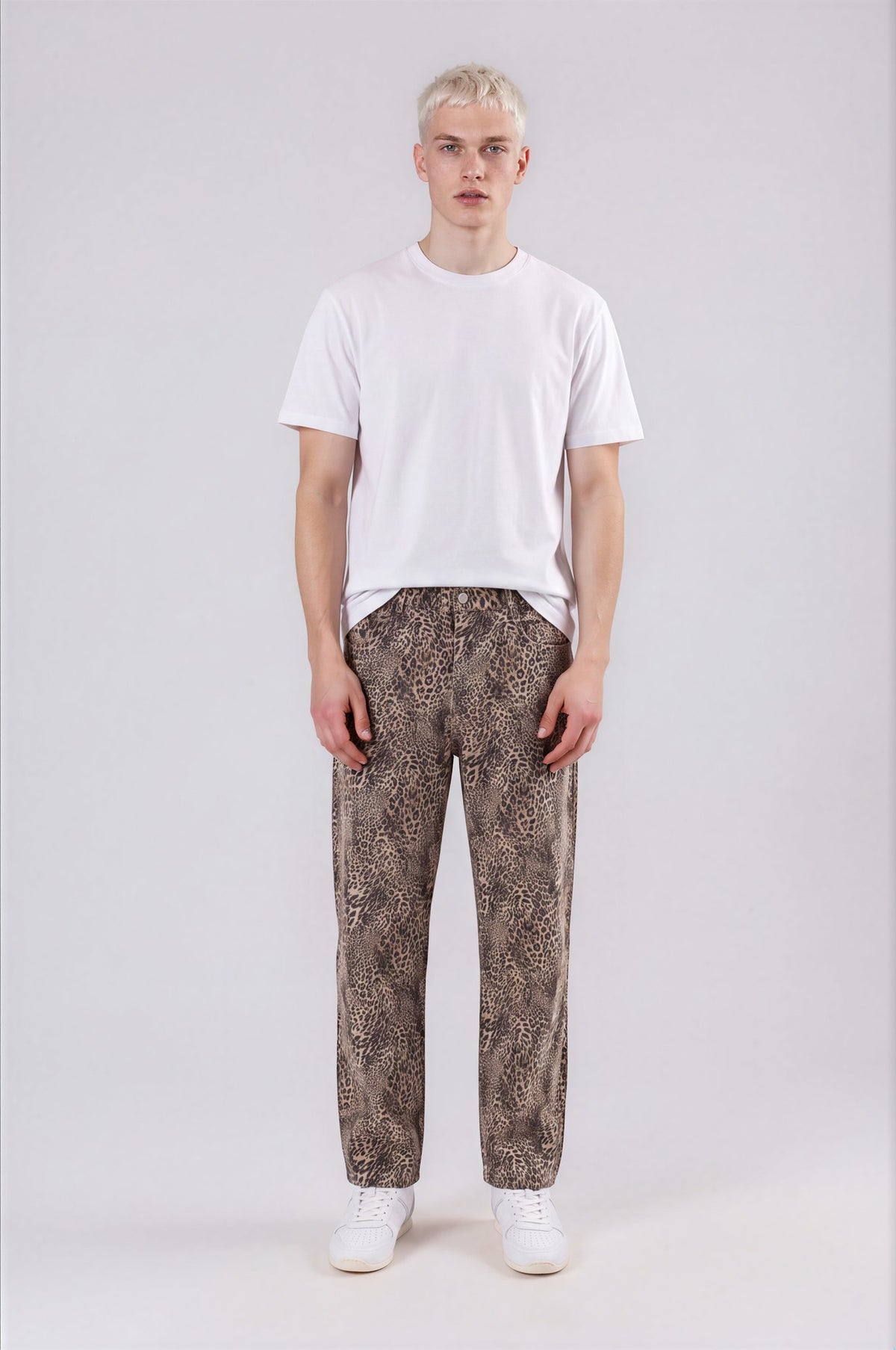 Unisex Vintage Wash Leopard Wide Leg Jeans - Leopard Brown - front - m