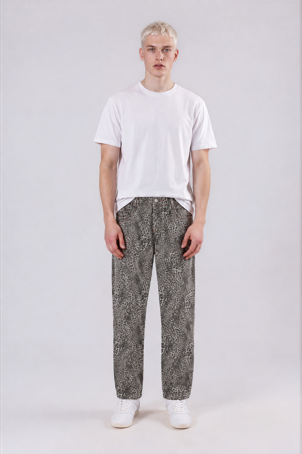 Unisex Vintage Wash Leopard Wide Leg Jeans - Leopard Gray - front - m