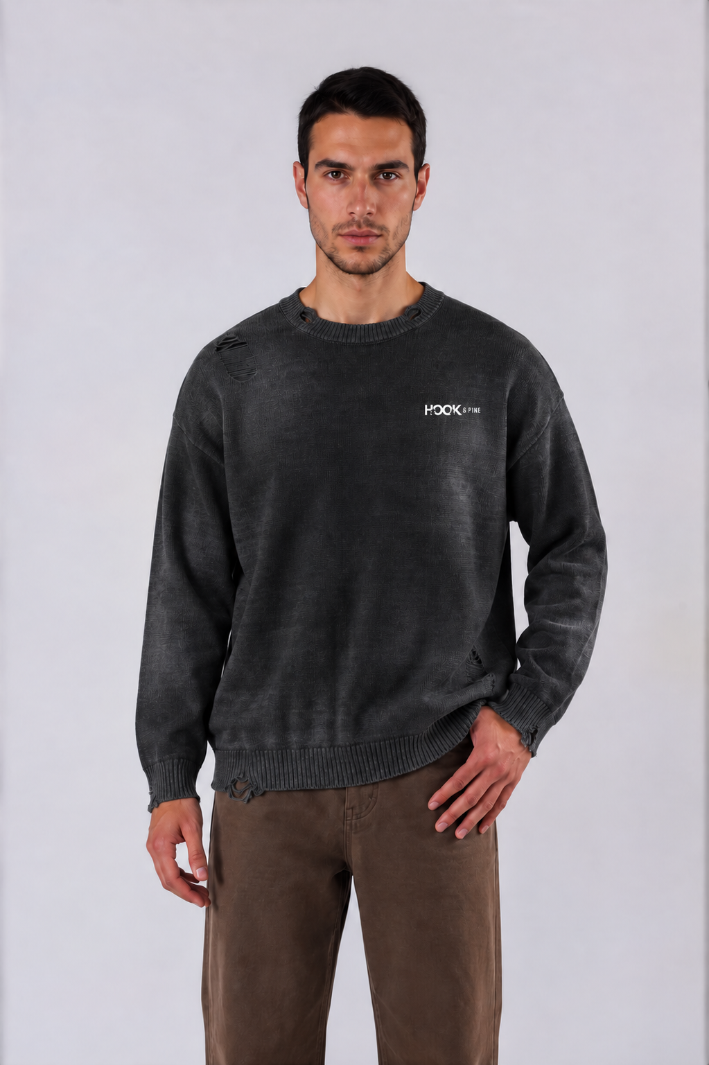 Distressed Oversized Logo Sweater - Black - front