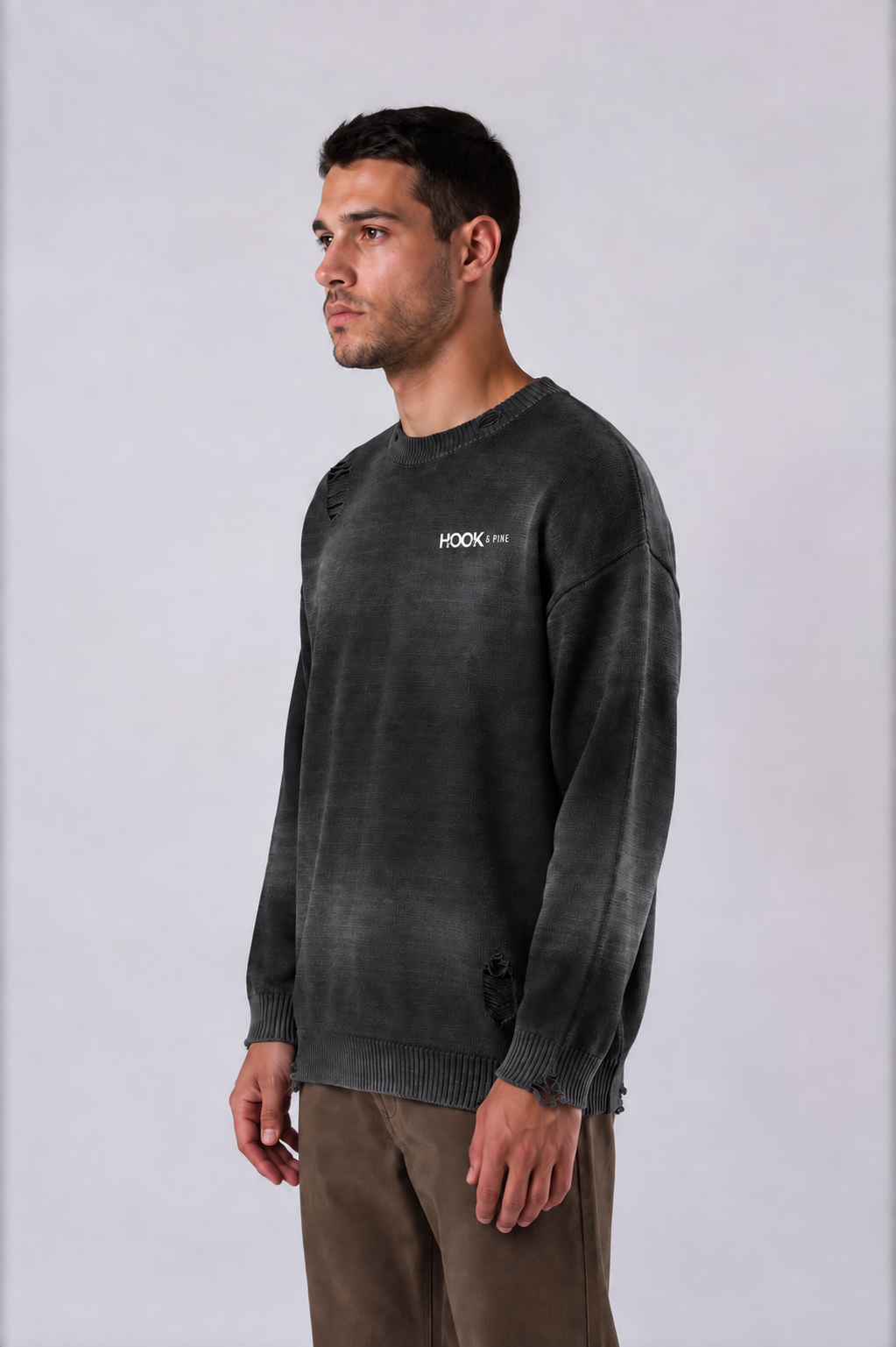 Distressed Oversized Logo Sweater - Black - front