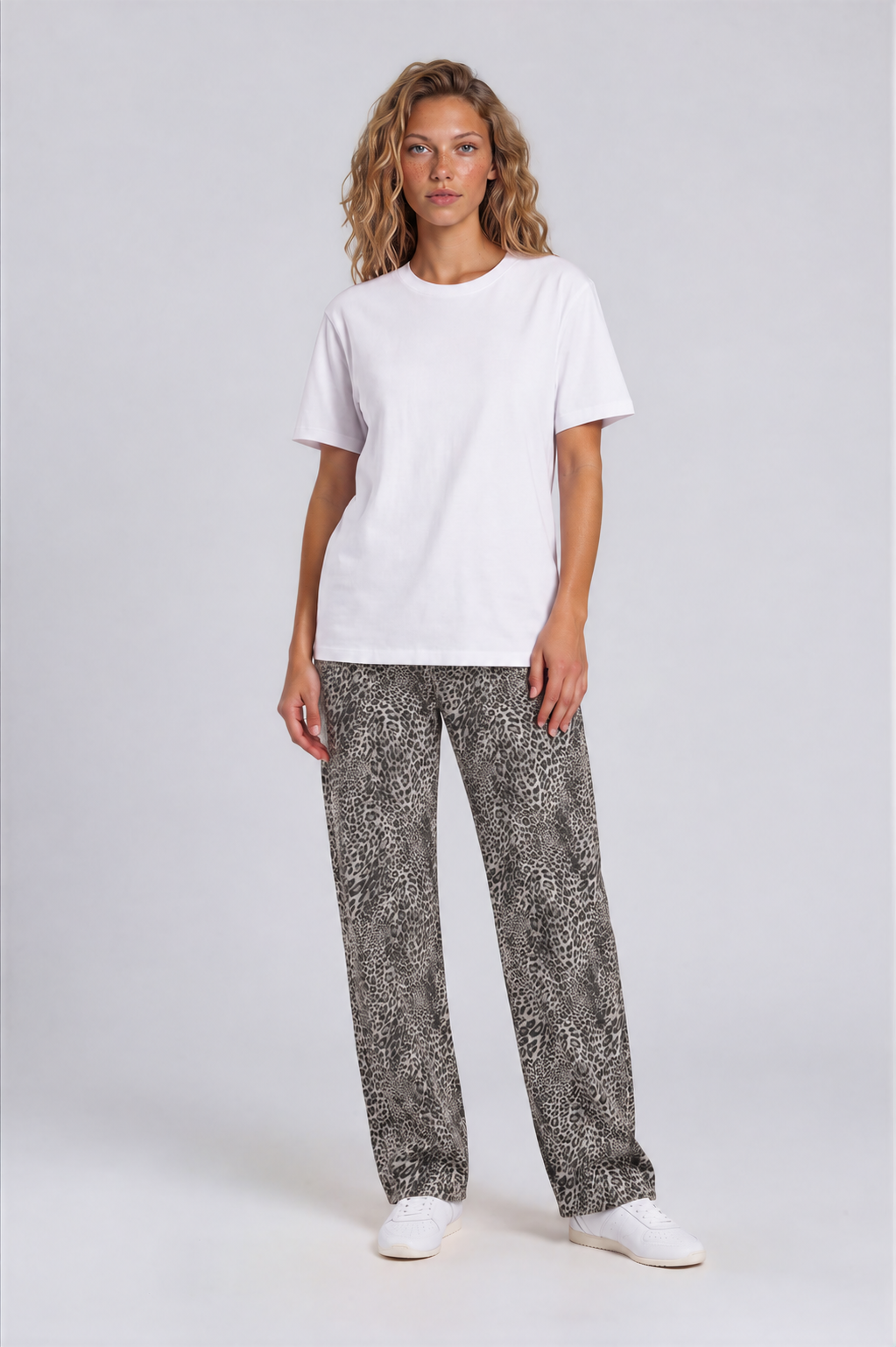 Unisex Vintage Wash Leopard Wide Leg Jeans - Leopard Gray - front - w