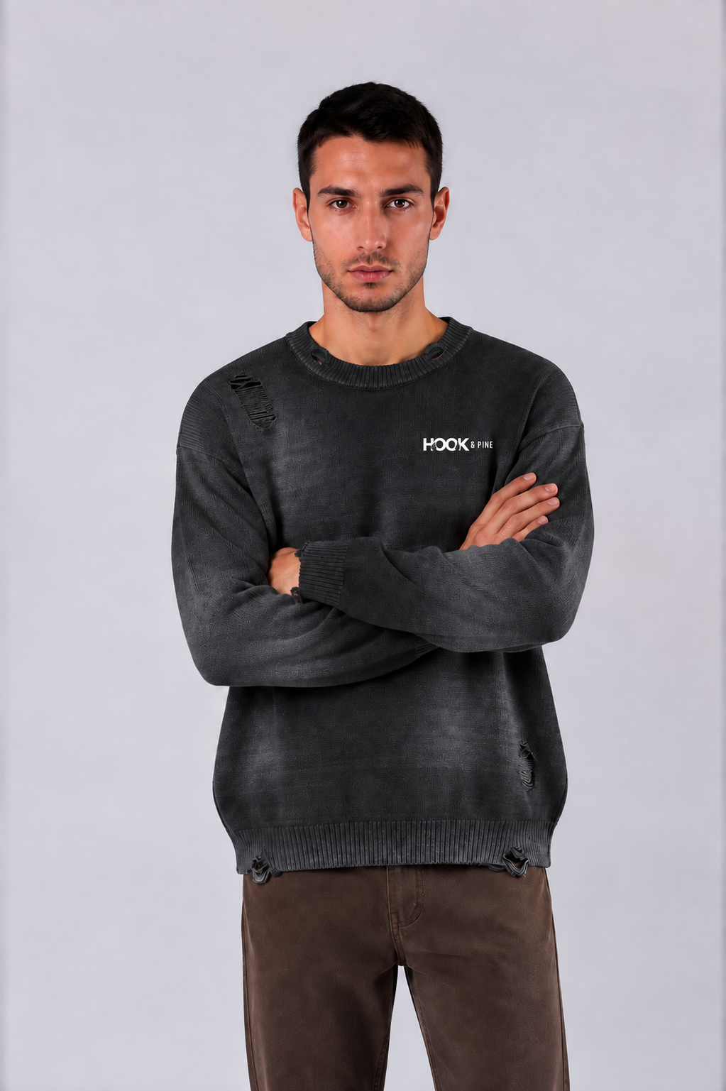 Distressed Oversized Logo Sweater - Black - front