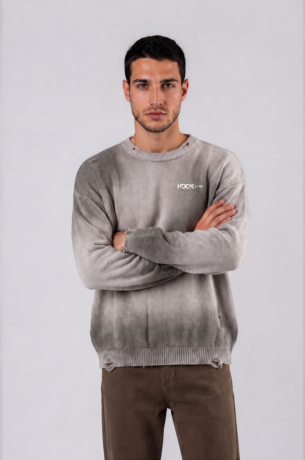 Distressed Oversized Logo Sweater - Light Gray - front