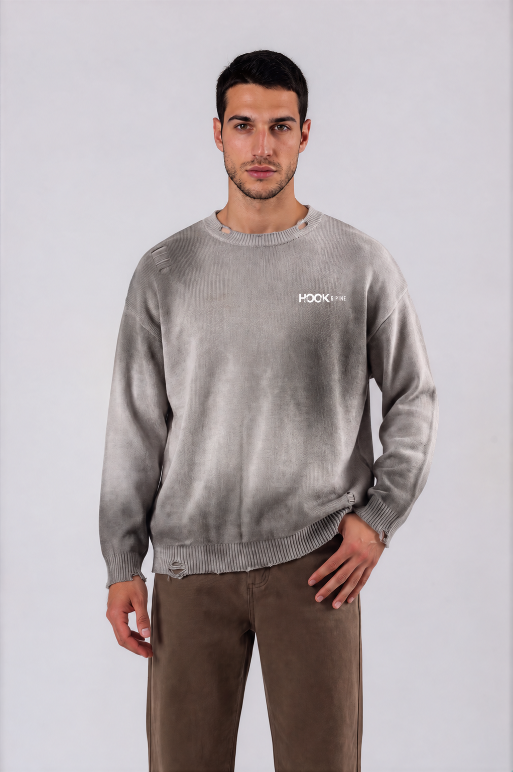 Distressed Oversized Logo Sweater - Light Gray - front