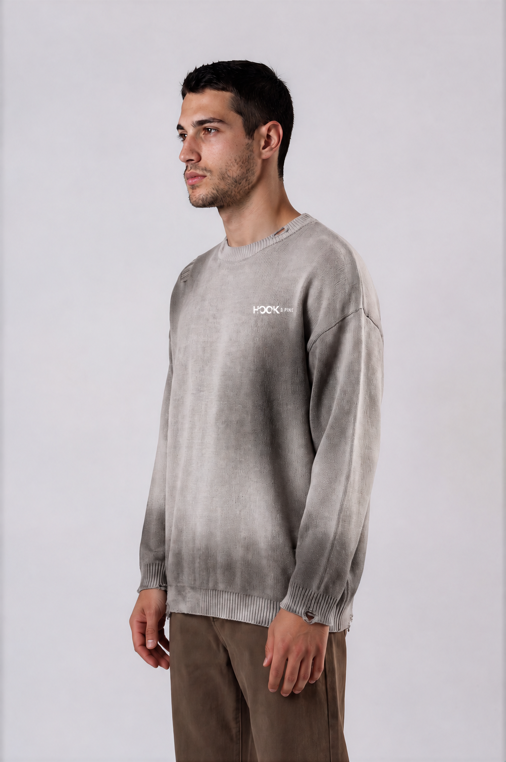 Distressed Oversized Logo Sweater - Light Gray - front