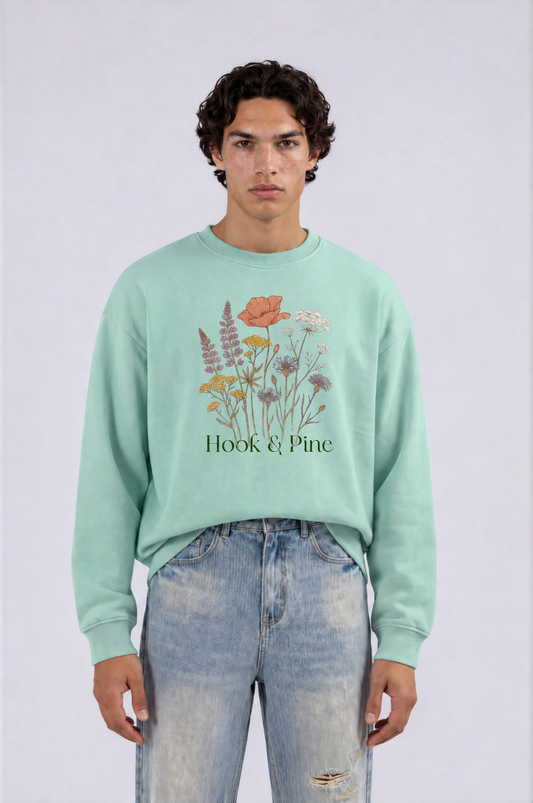 Floral Oversized Vintage Crew - Lake Blue - front - m
