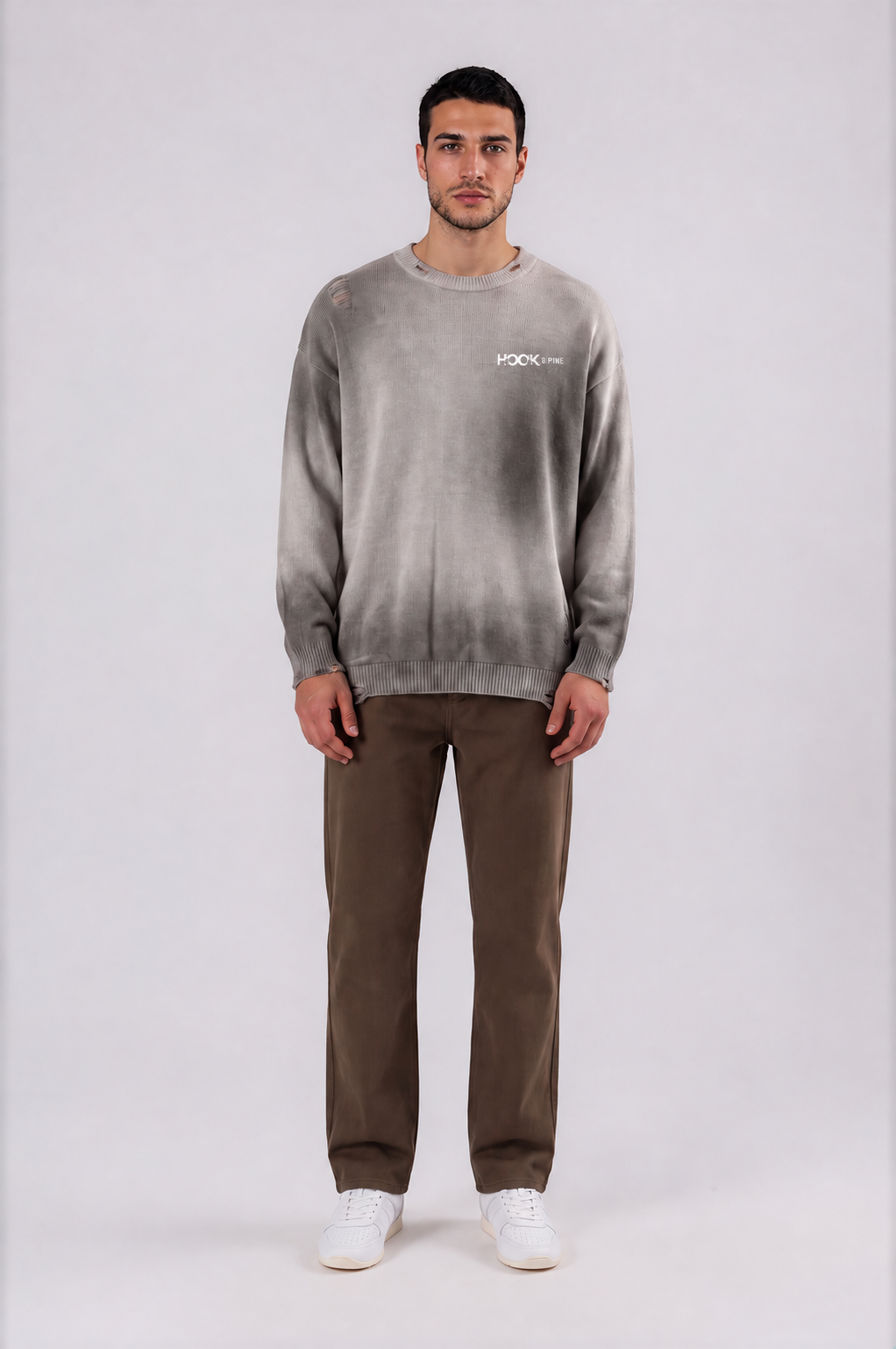 Distressed Oversized Logo Sweater - Light Gray - front