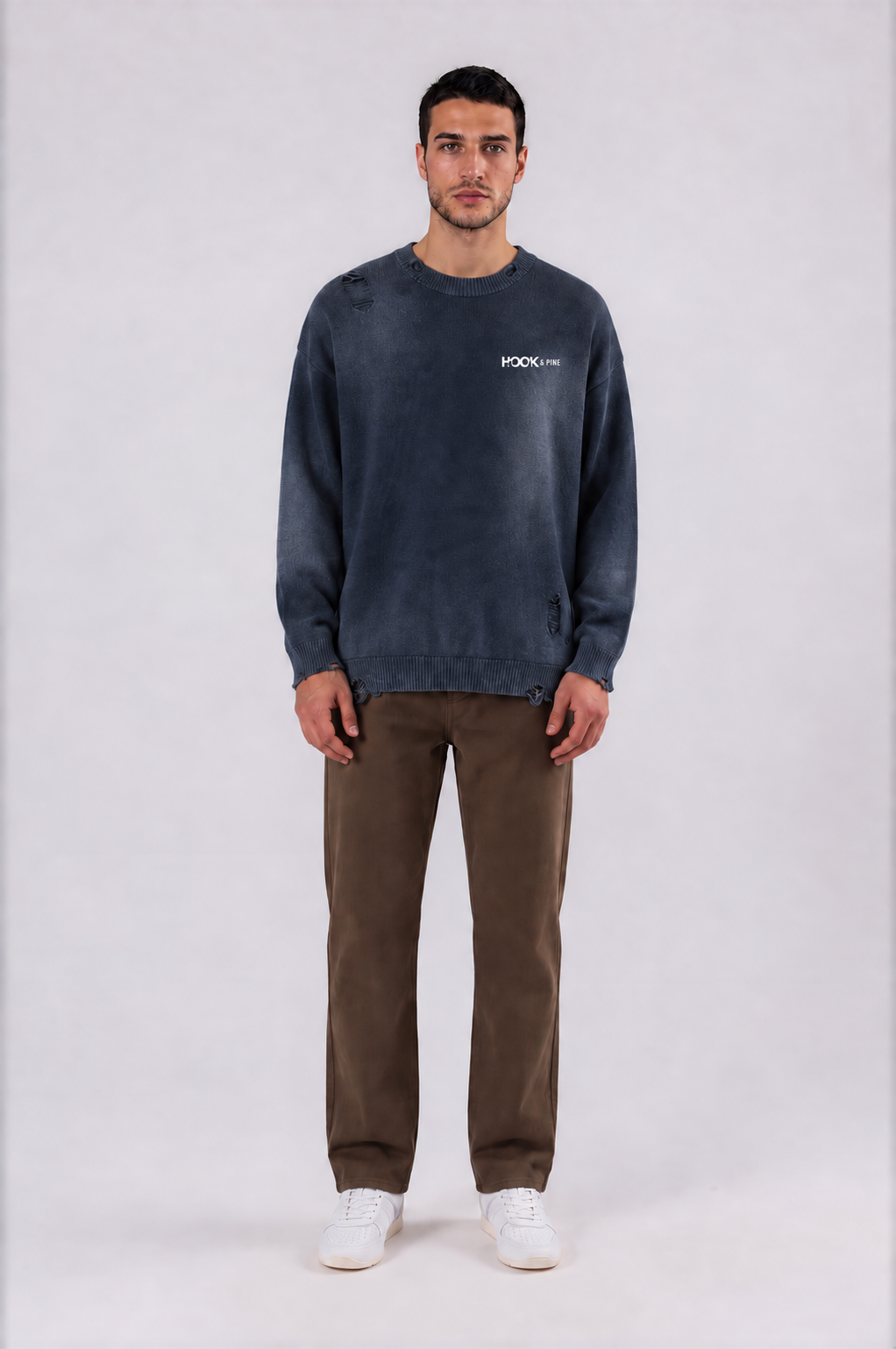 Distressed Oversized Logo Sweater - Navy Blue - front