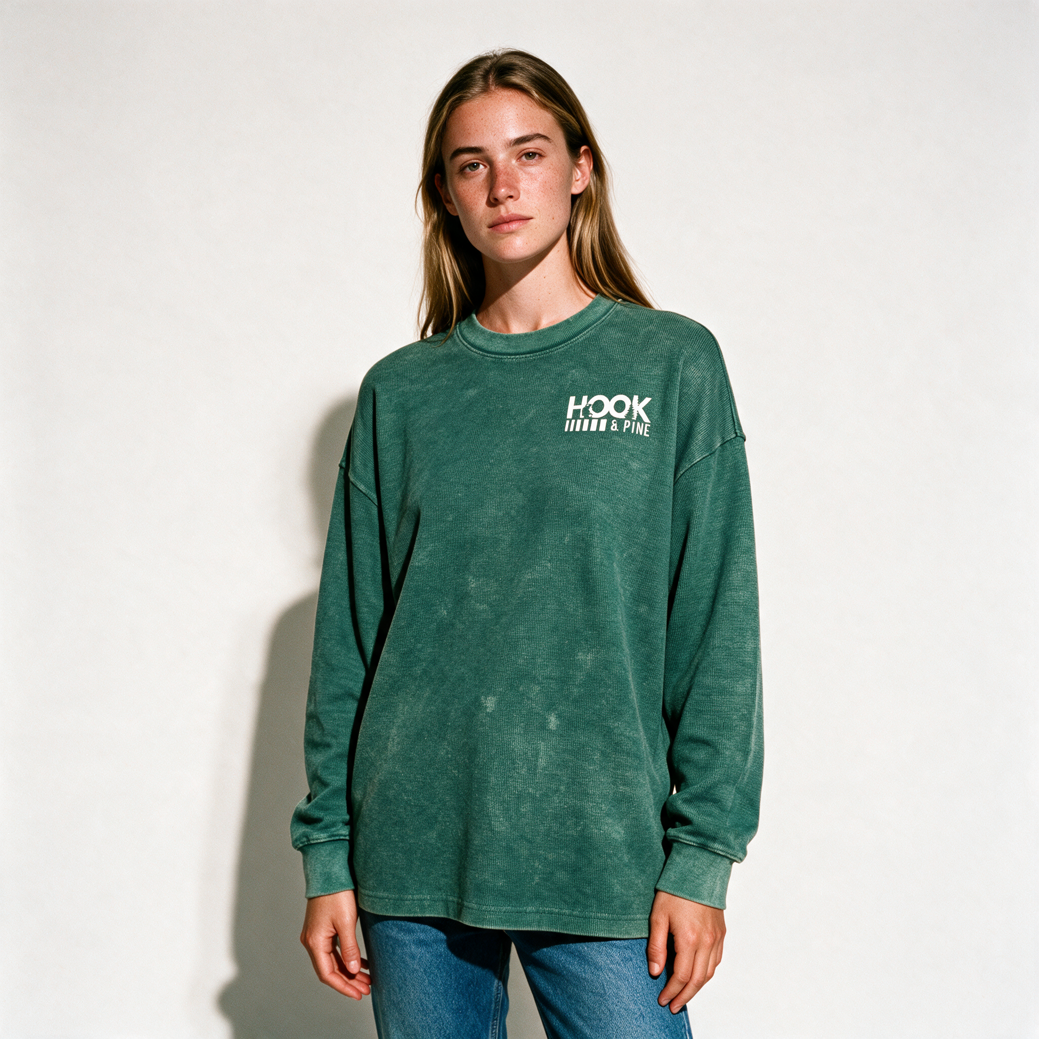 Mineral Wash Waffle Oversized T-Shirt - Blackish Green - half body front