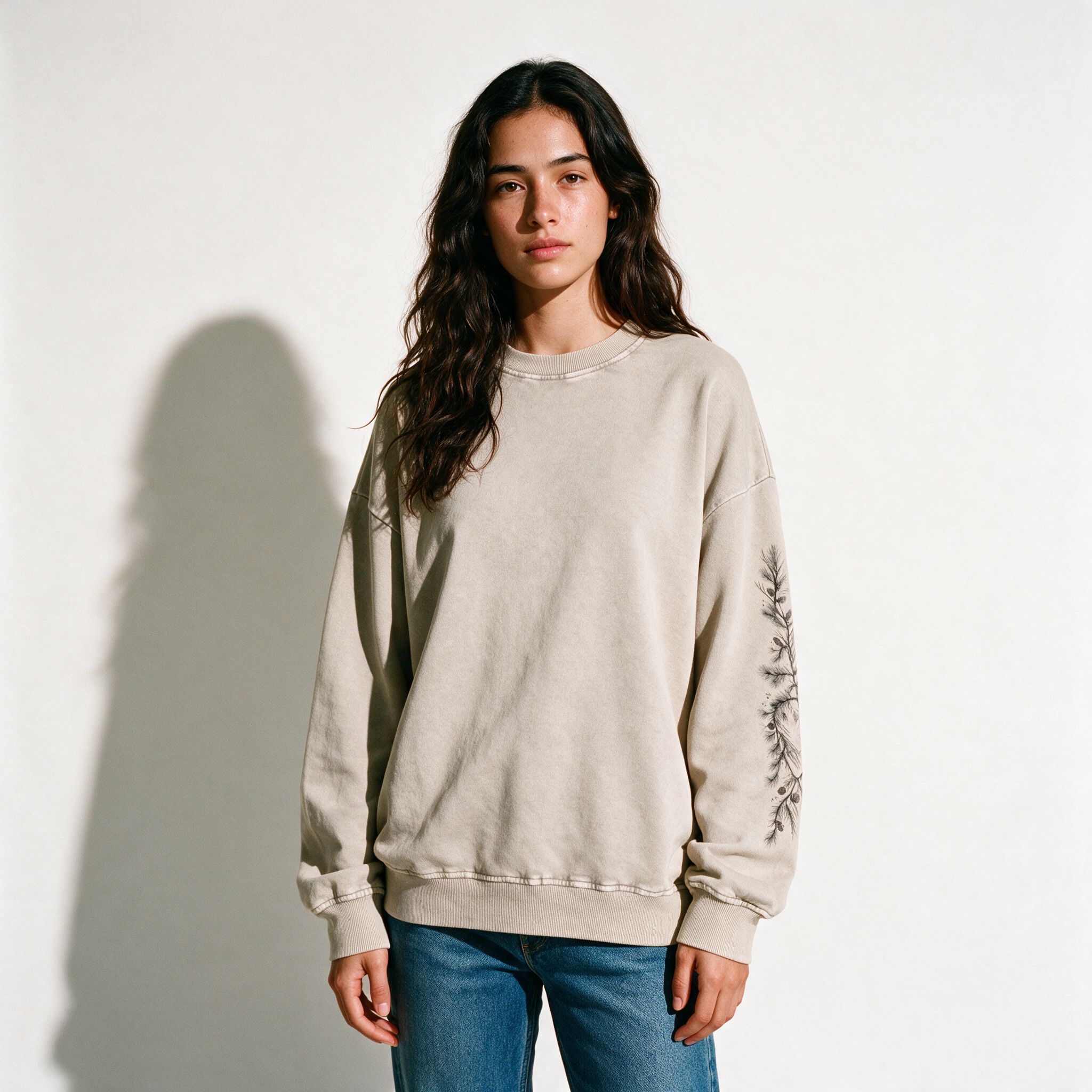 Pine Tree Snug-Collar Retro Crew - Light Apricot - half body front
