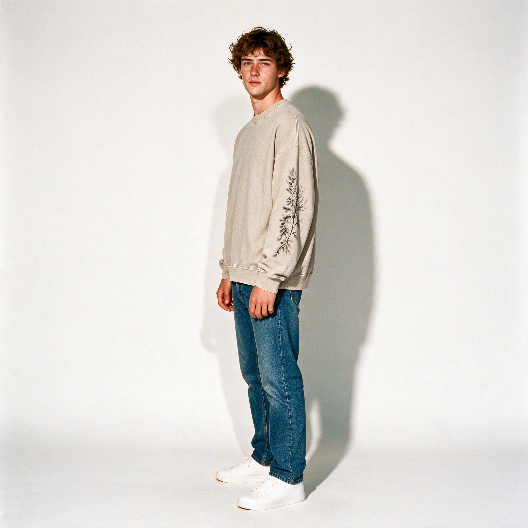 Pine Tree Snug-Collar Retro Crew - Light Apricot - three-quarter turn