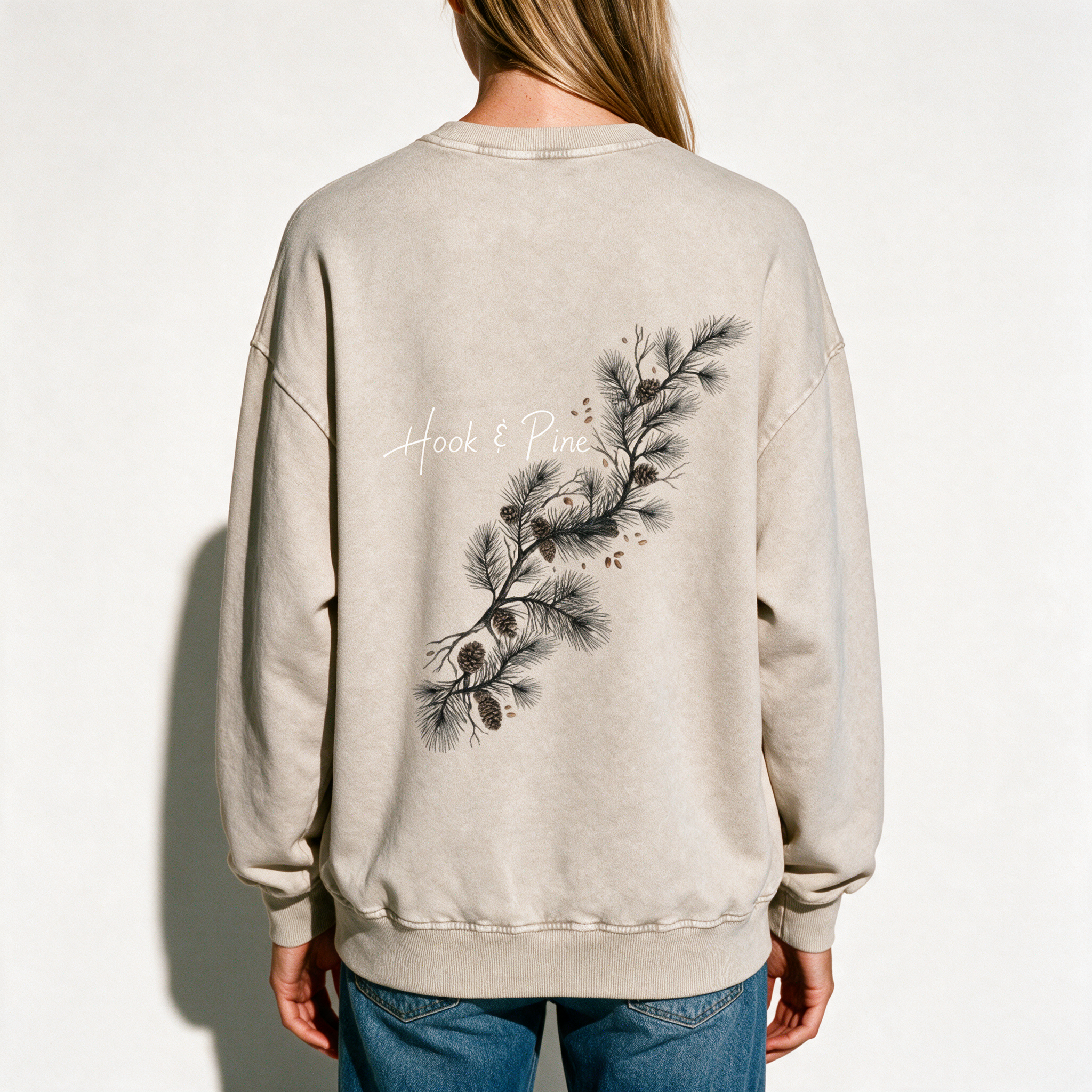 Pine Tree Snug-Collar Retro Crew - Light Apricot - back graphic detail