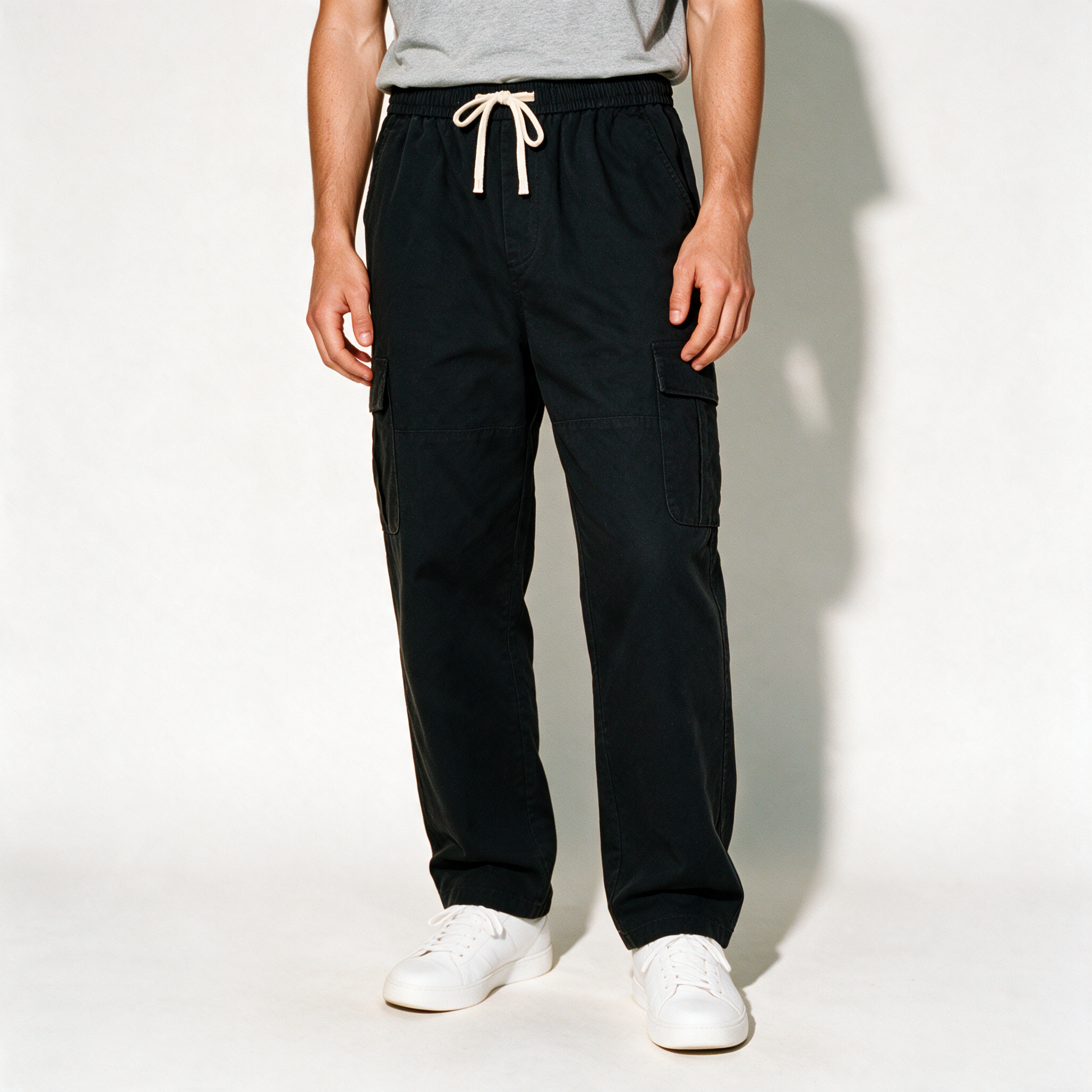 Straight-Leg Cargo Pants Mens - Black - waist-down crop