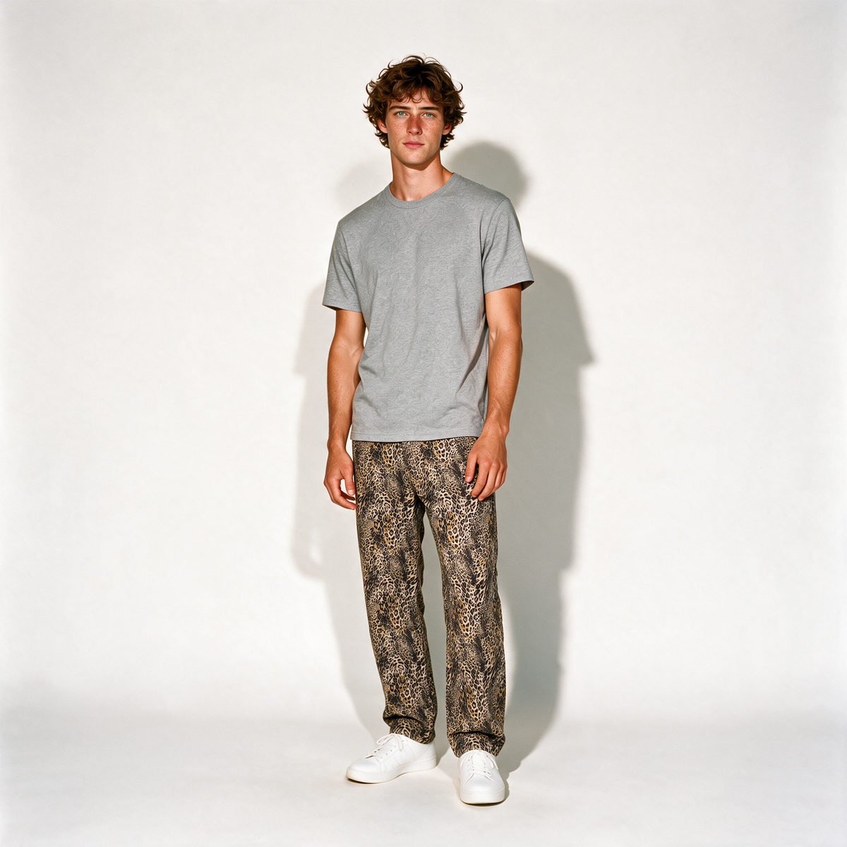 Unisex Vintage Wash Leopard Wide Leg Jeans - Leopard Brown - front - m
