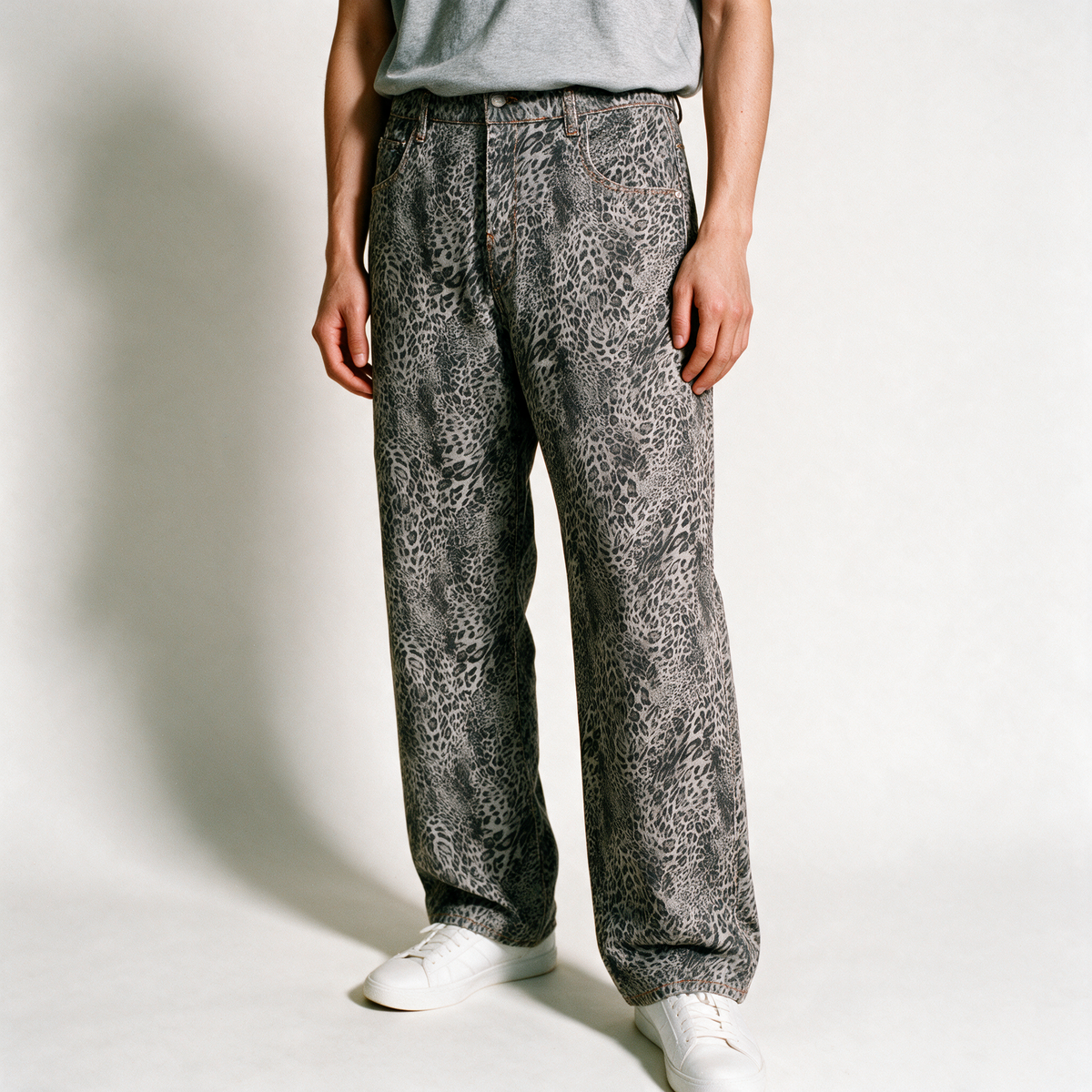 Unisex Vintage Wash Leopard Wide Leg Jeans - Leopard Gray - front detail