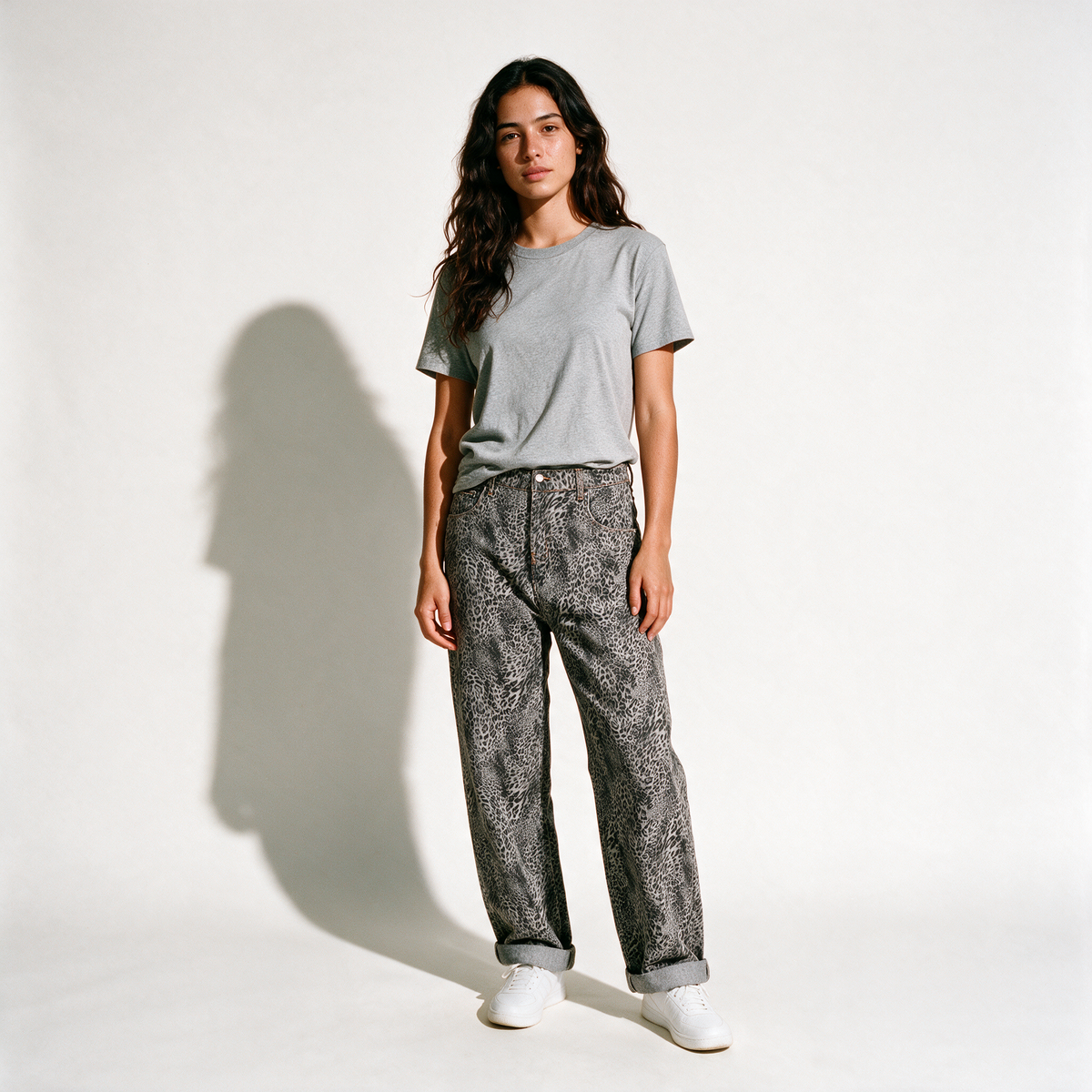 Unisex Vintage Wash Leopard Wide Leg Jeans - Leopard Gray - front - w