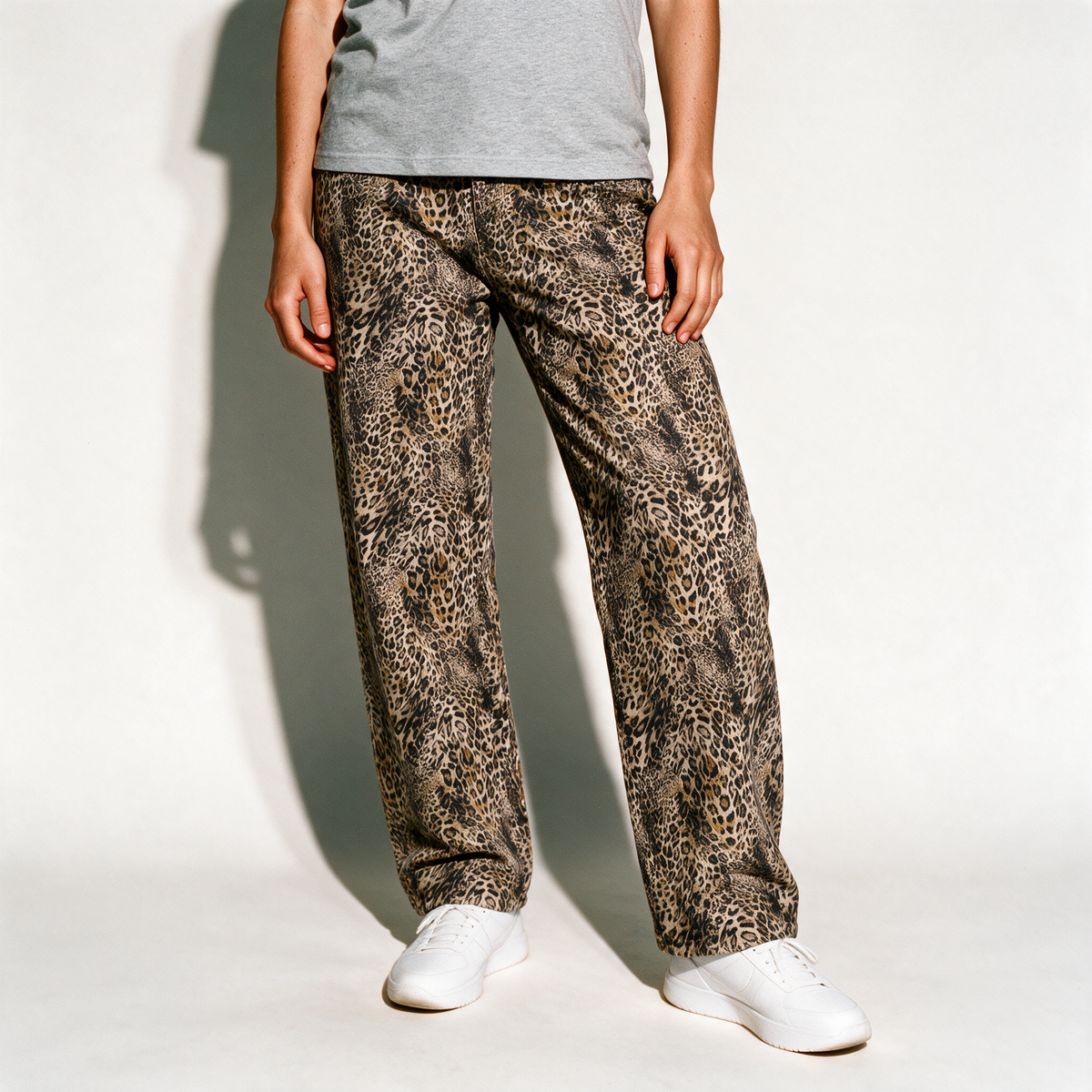 Unisex Vintage Wash Leopard Wide Leg Jeans - Leopard Brown - front detail