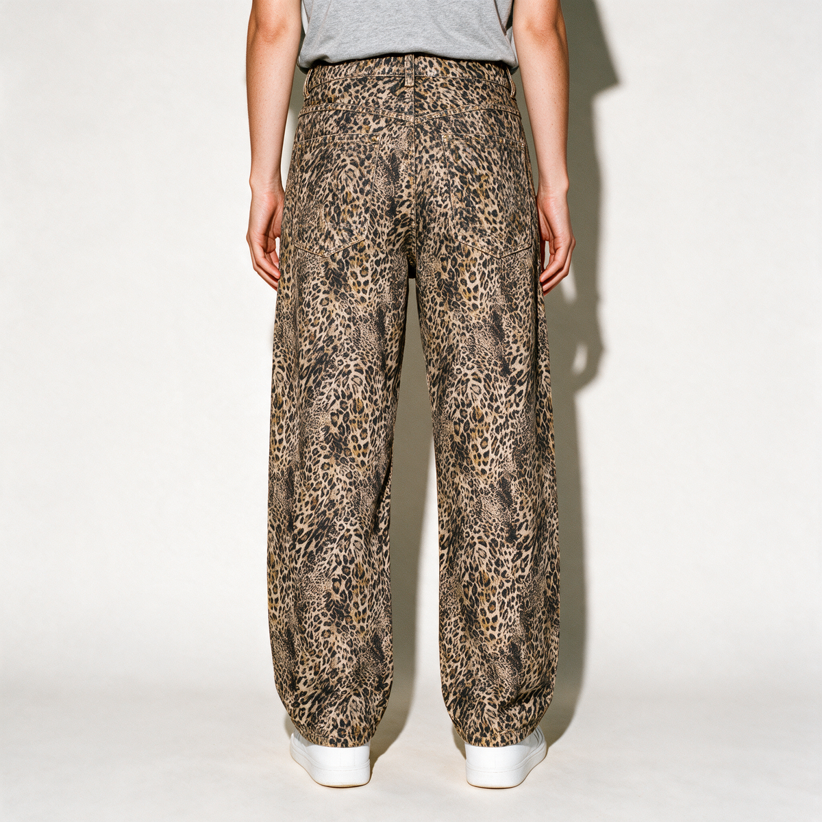 Unisex Vintage Wash Leopard Wide Leg Jeans - Leopard Brown - front detail